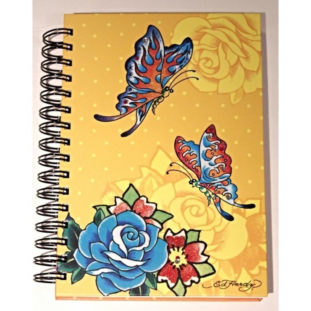ED HARDY  Hard Cover SPIRAL Notebook 150 PAGES Lined BLUE ROSE Butterfly BLING